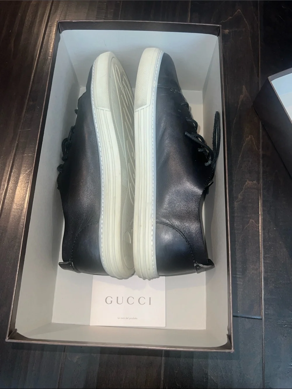 Authentic Gucci Black Leather Low-Top Sneakers with White Sole